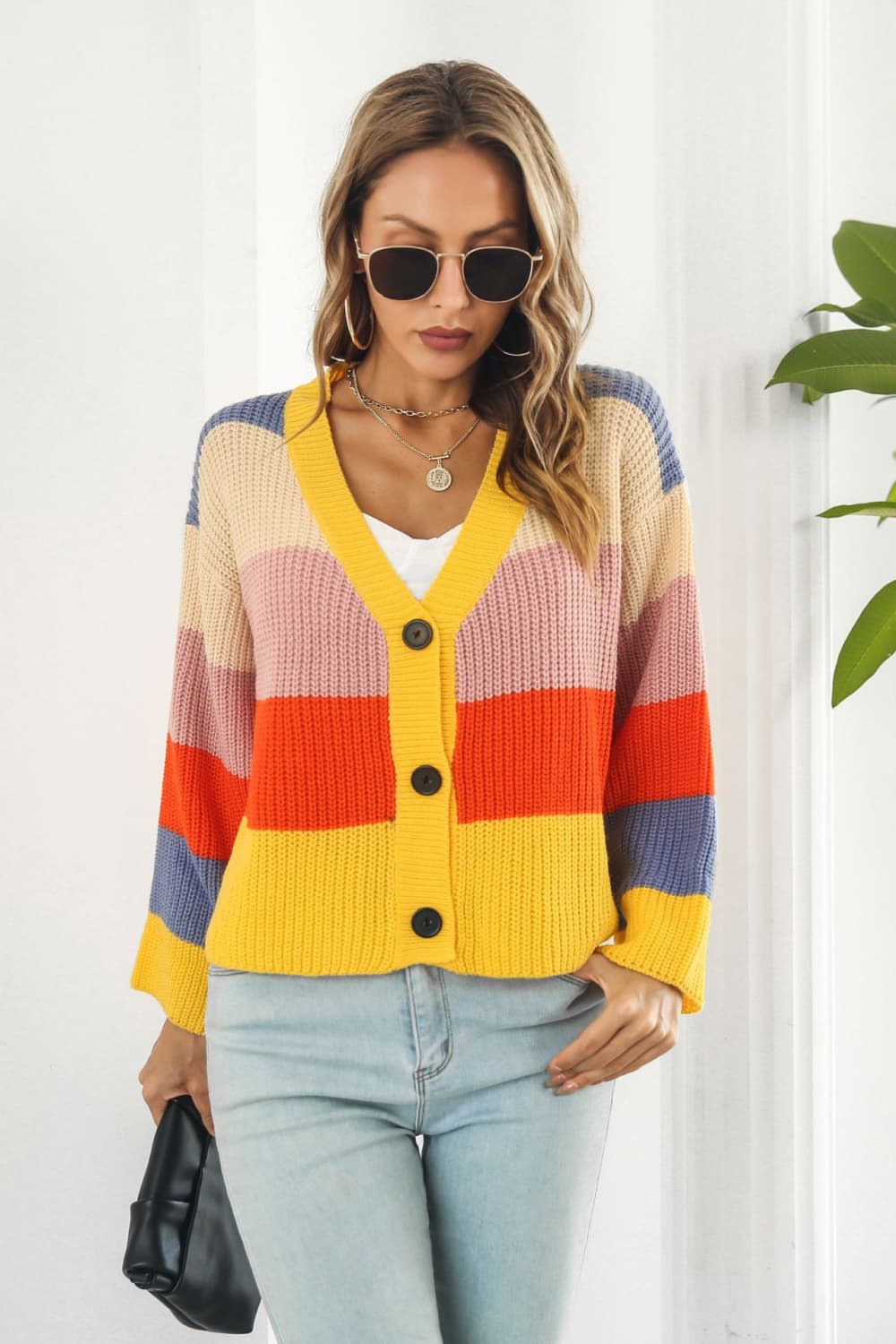 color block button-down dropped shoulder cardigan