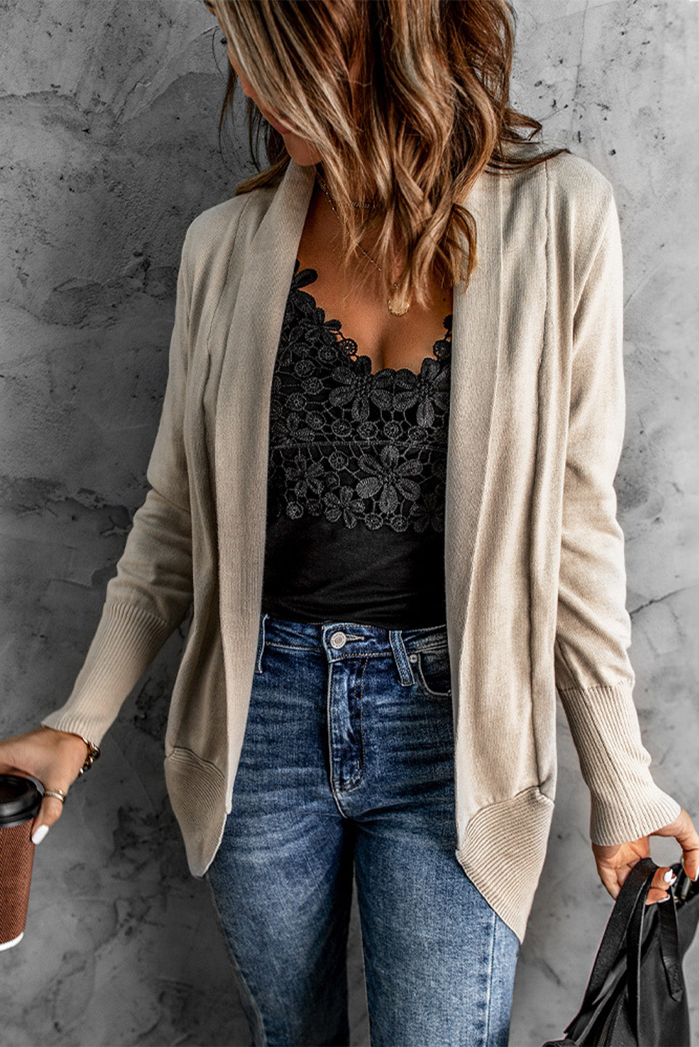 double take long sleeve ribbed hem open front longline cardigan