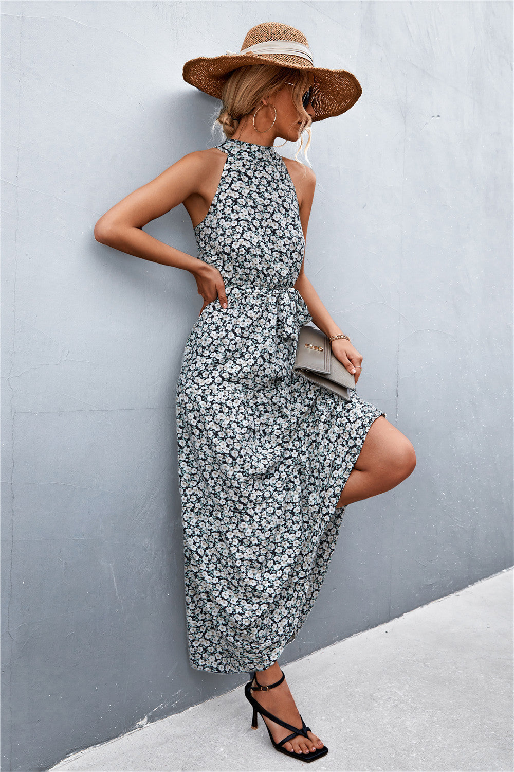 printed sleeveless tie waist maxi dress