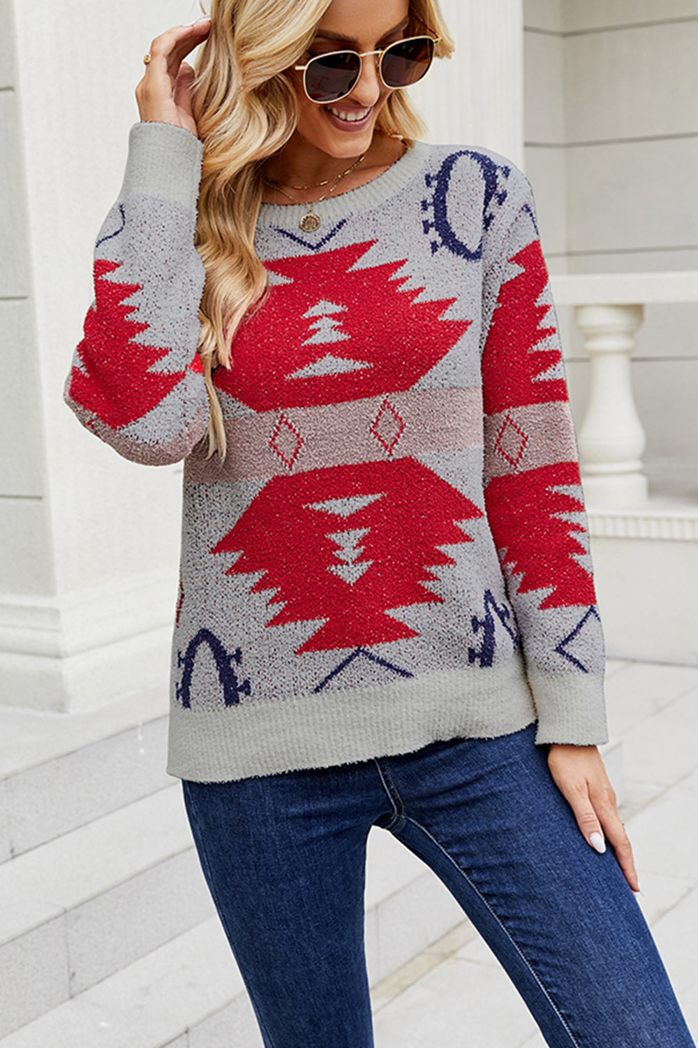 printed round neck long sleeve sweater