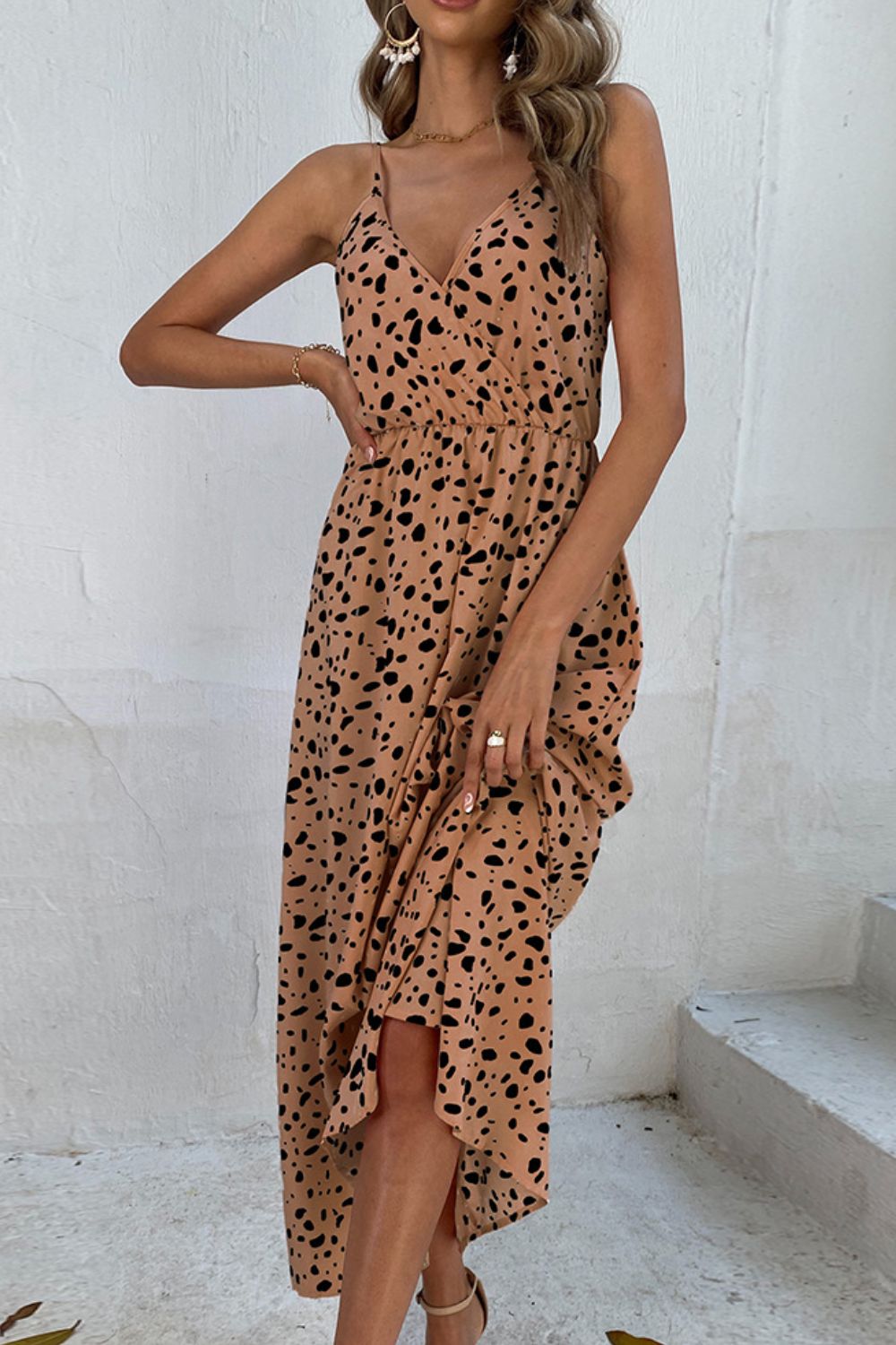printed surplice adjustable spaghetti strap maxi dress