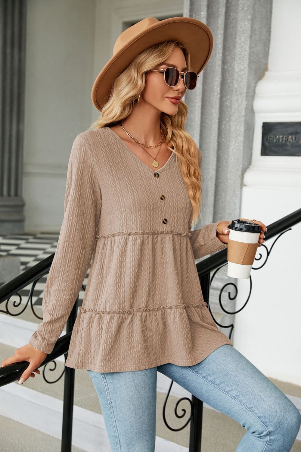 long sleeve v-neck cable-knit blouse