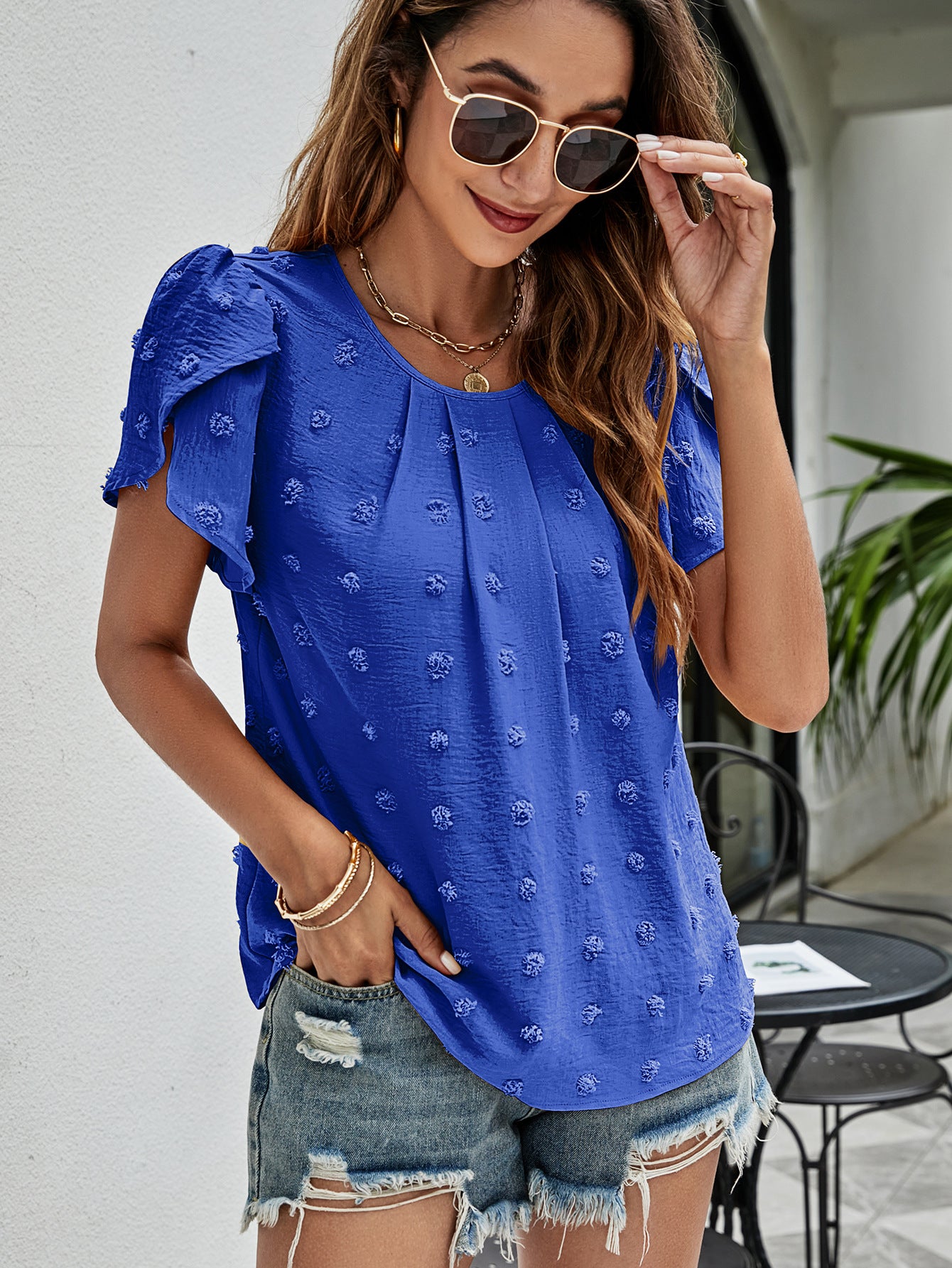 swiss dot round neck petal sleeve top