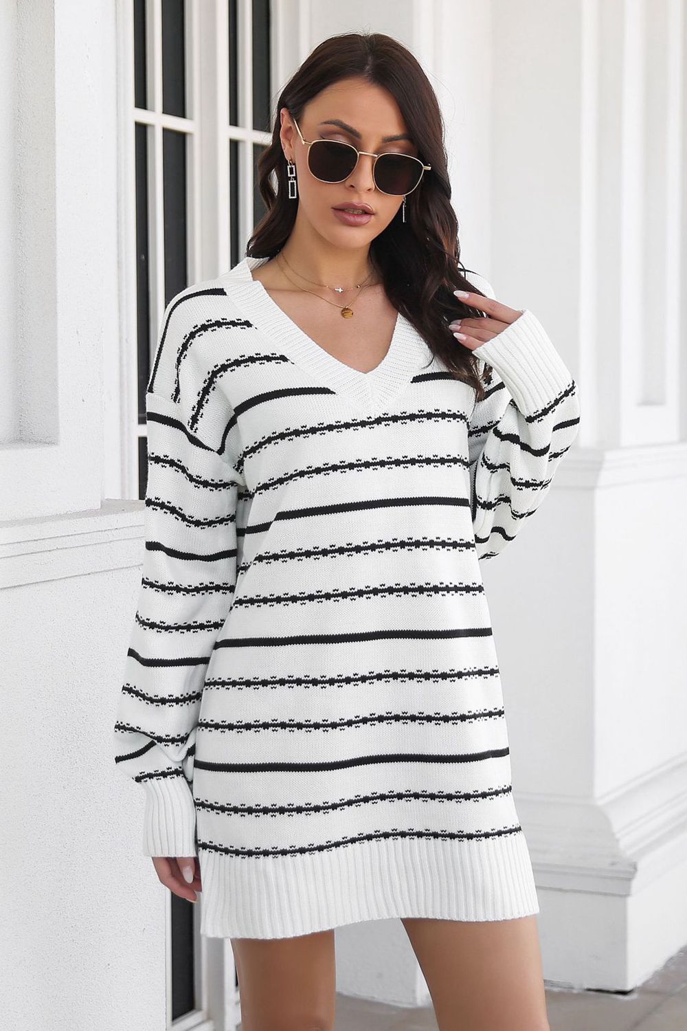 striped v-neck sweater dress