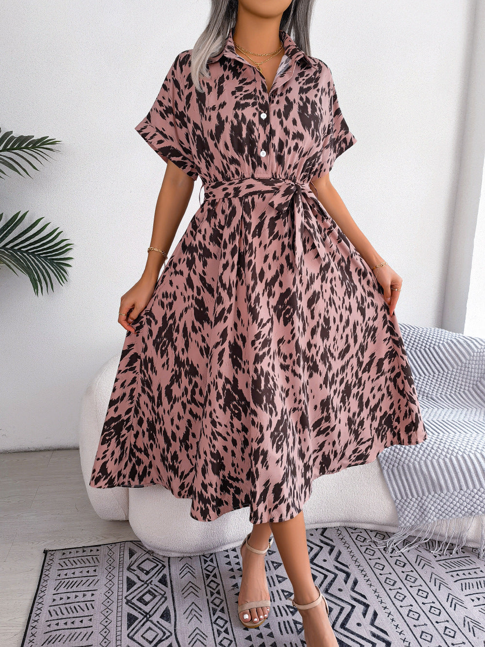 printed collared neck short sleeve tie waist dress