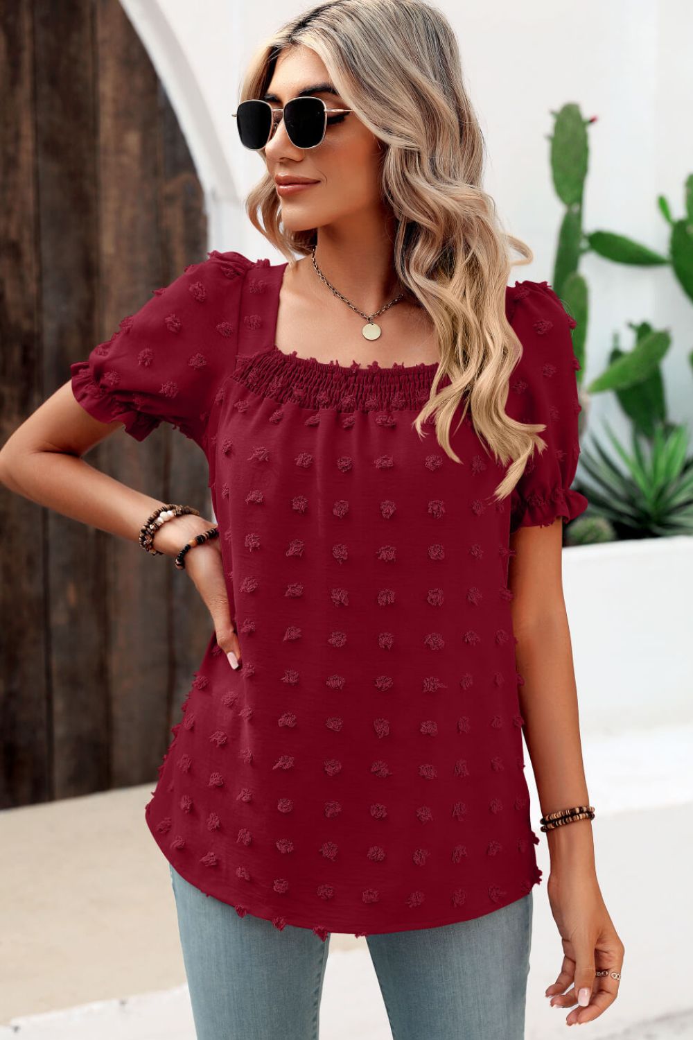 swiss dot puff sleeve square neck blouse