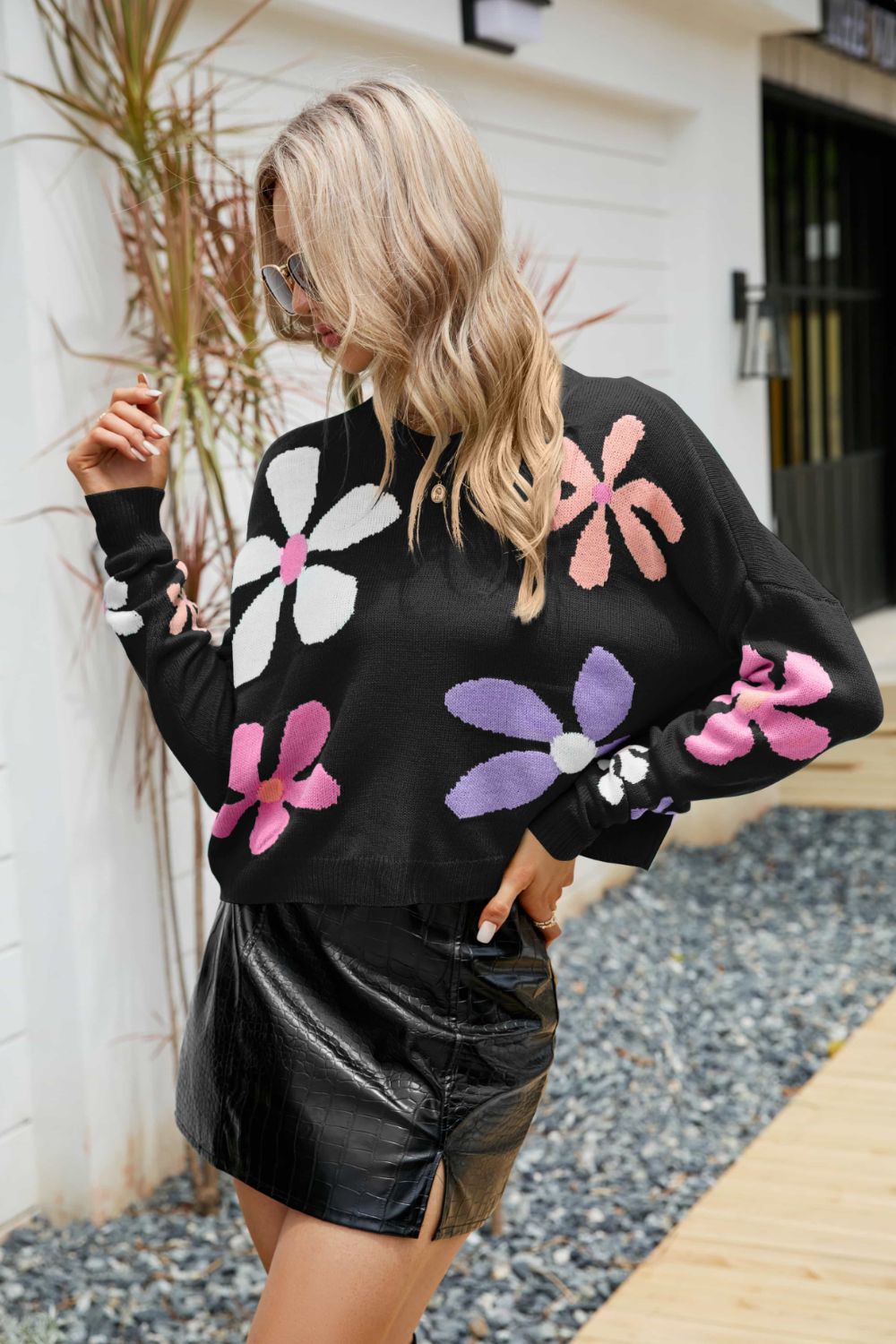 floral dropped shoulder ribbed trim sweater