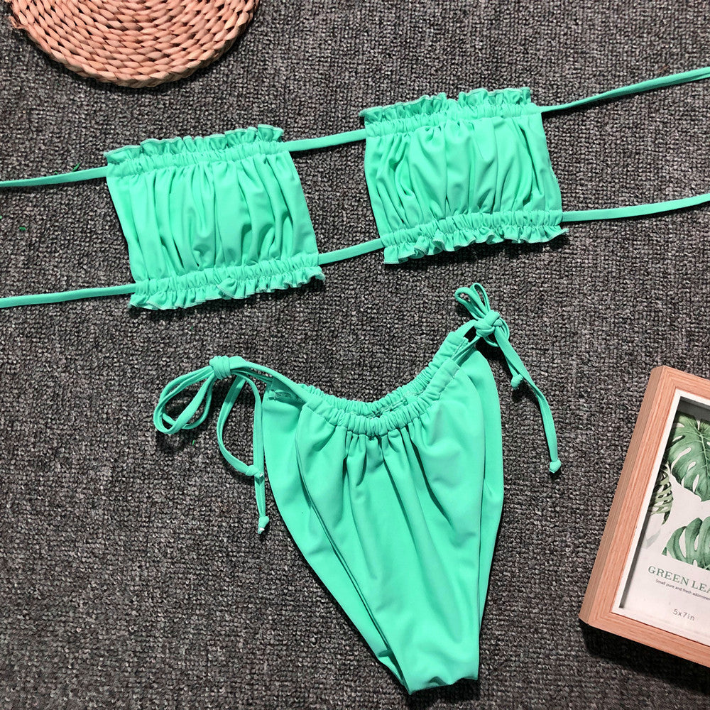 frill trim ruched bikini set