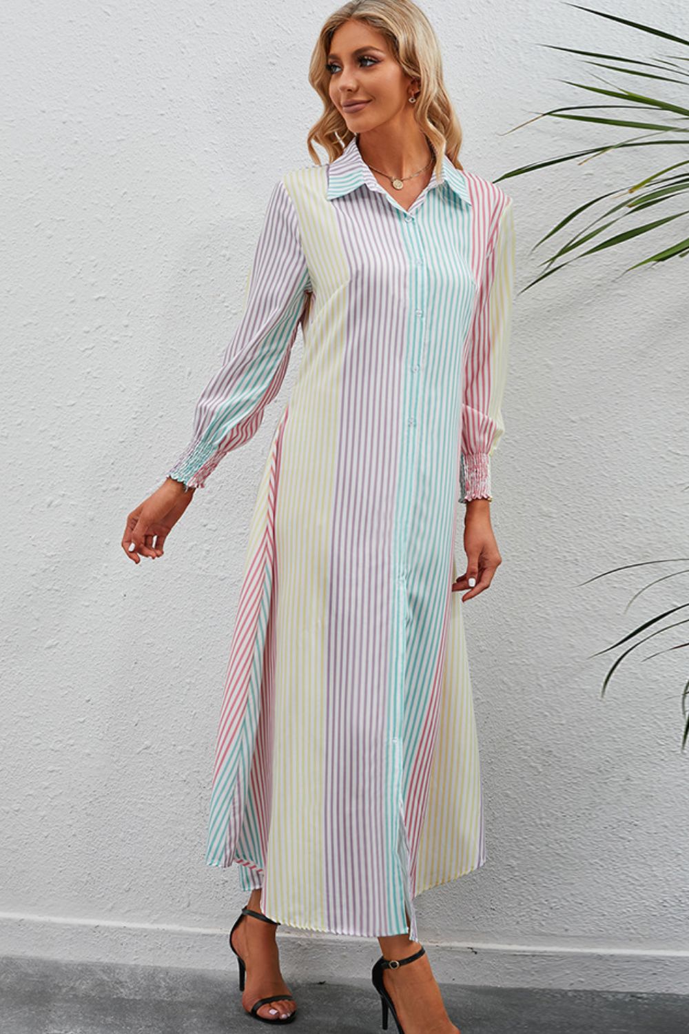 rainbow stripe button-up maxi shirt dress