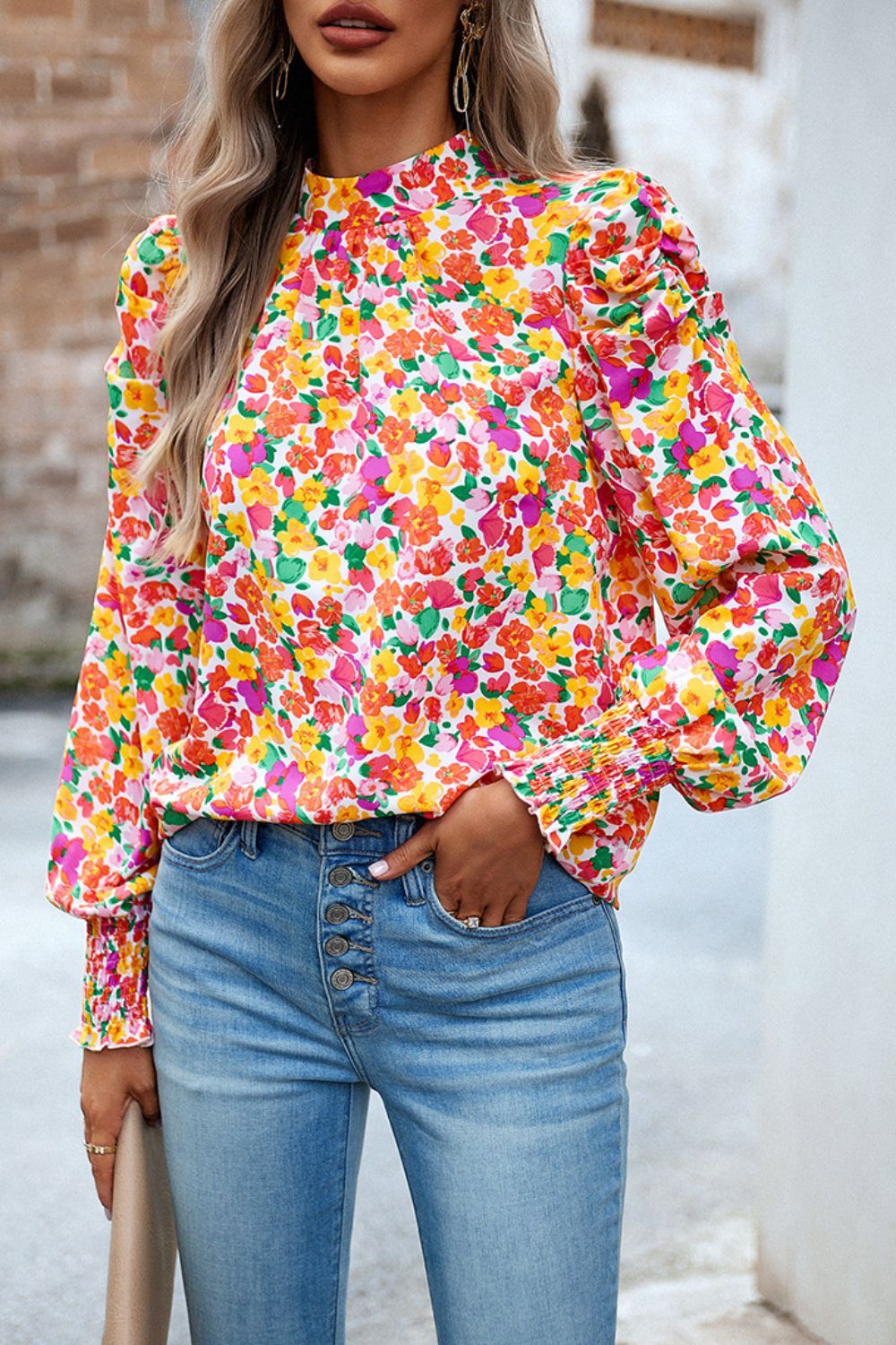printed smocked puff sleeve blouse