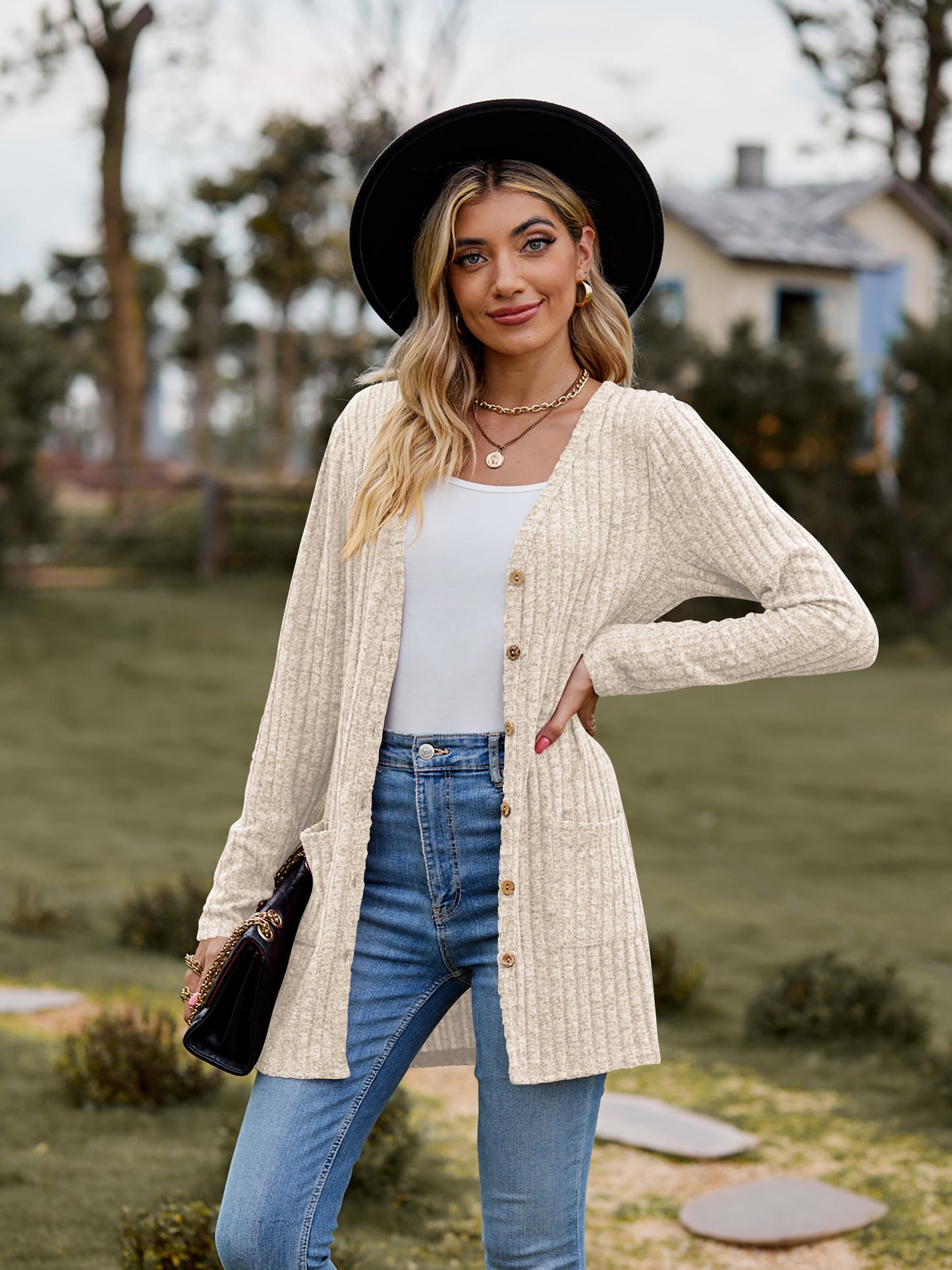 ribbed button-up cardigan with pockets