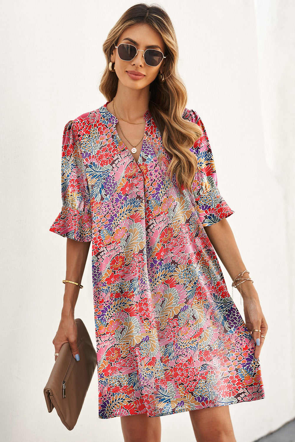 floral notched neck flounce sleeve shift dress