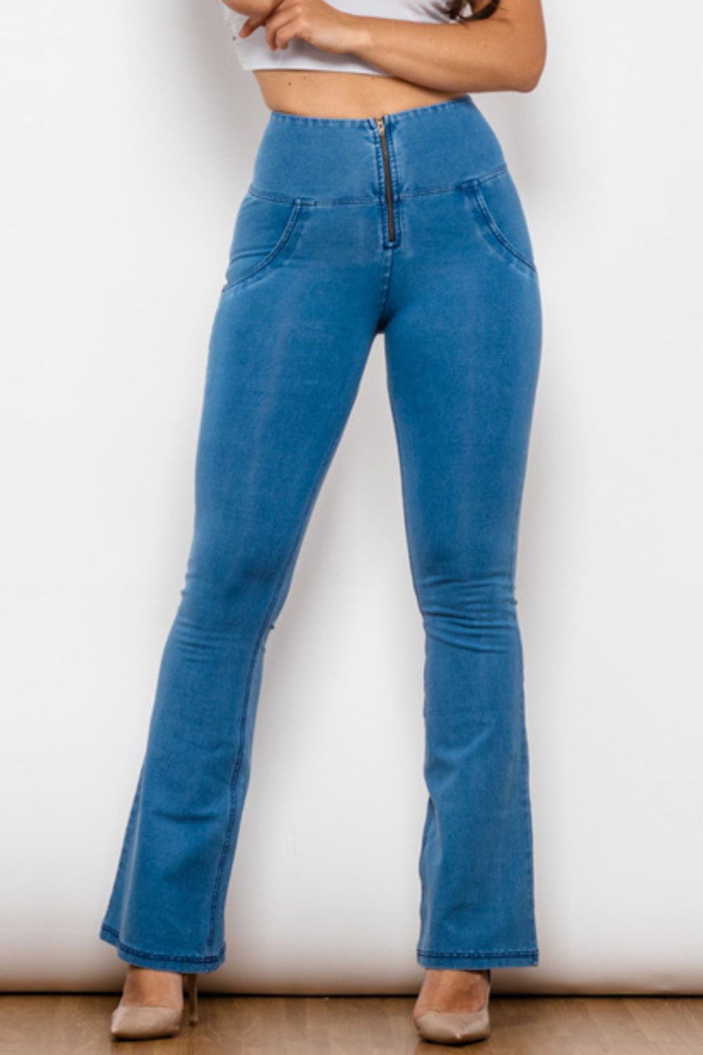 zip-up wide waistband long jeans