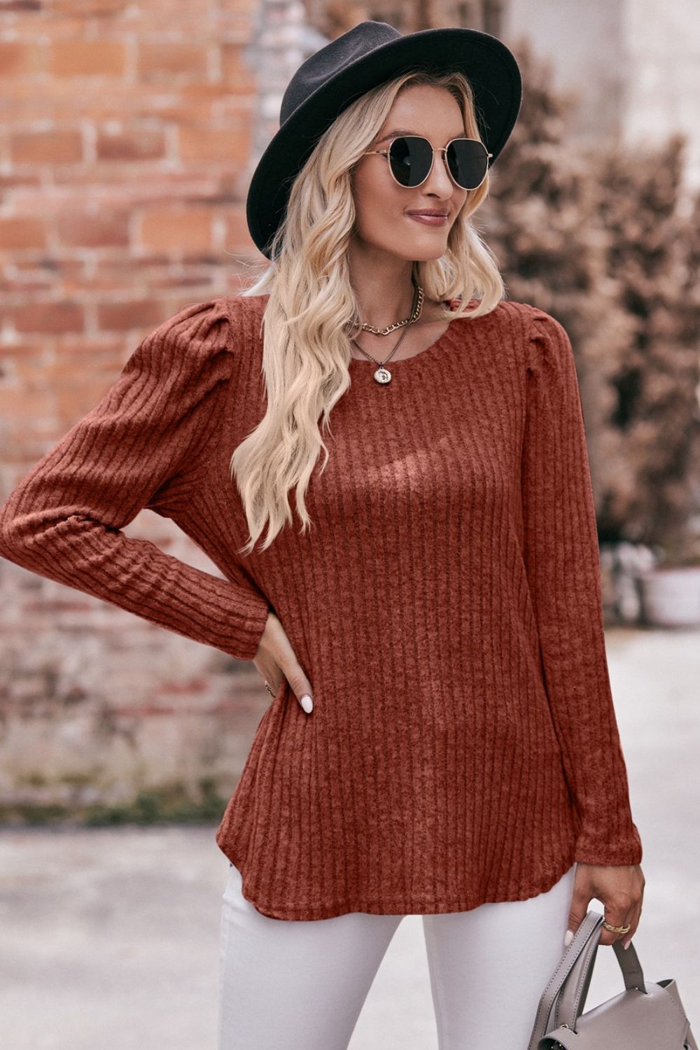 double take round neck puff sleeve ribbed top