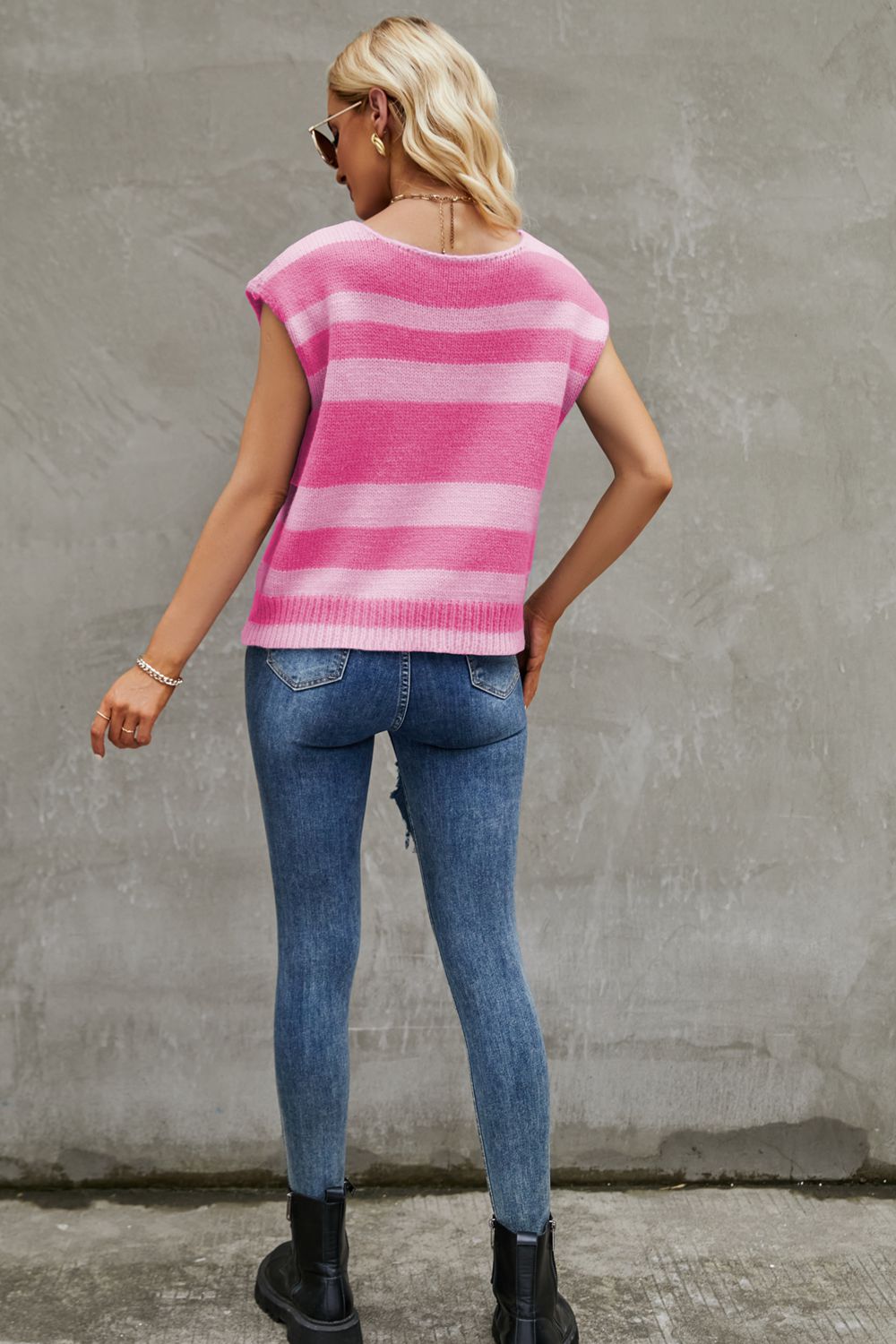 striped round neck cap sleeve knit top