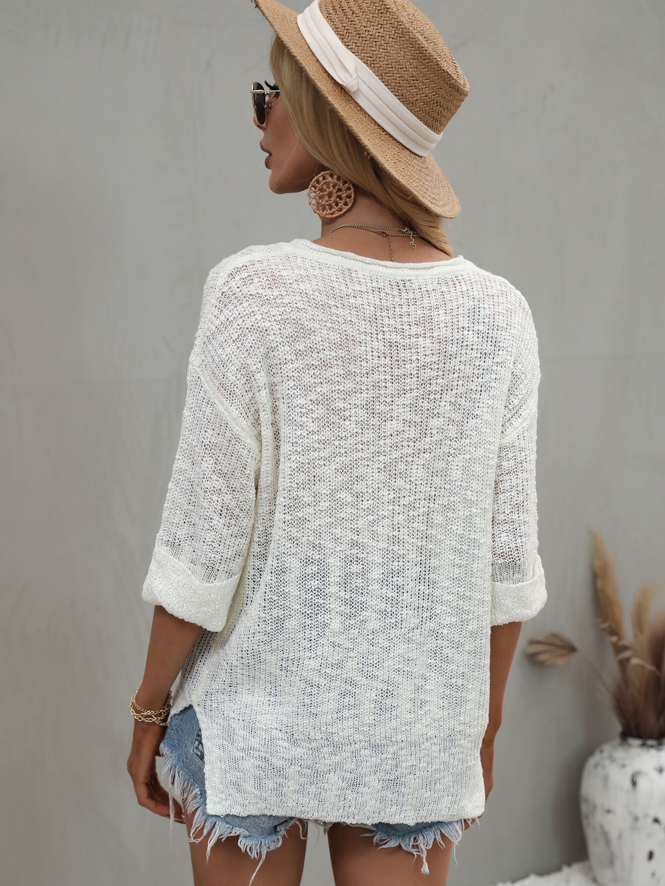 notched side slit drop shoulder sweater