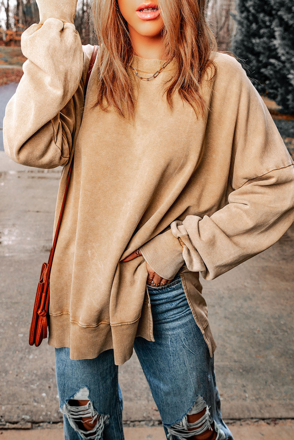 dropped shoulder round neck long sleeve blouse
