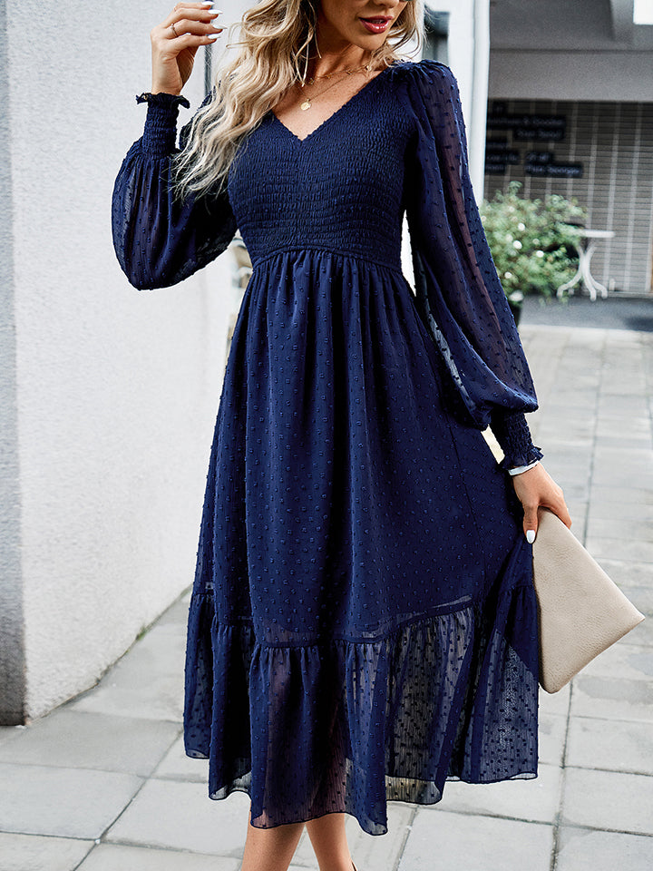 swiss dot v-neck flounce sleeve midi dress