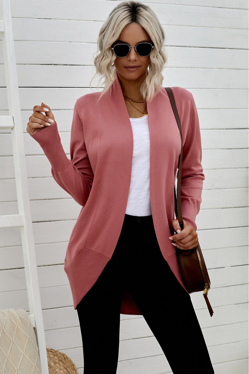 double take long sleeve ribbed hem open front longline cardigan