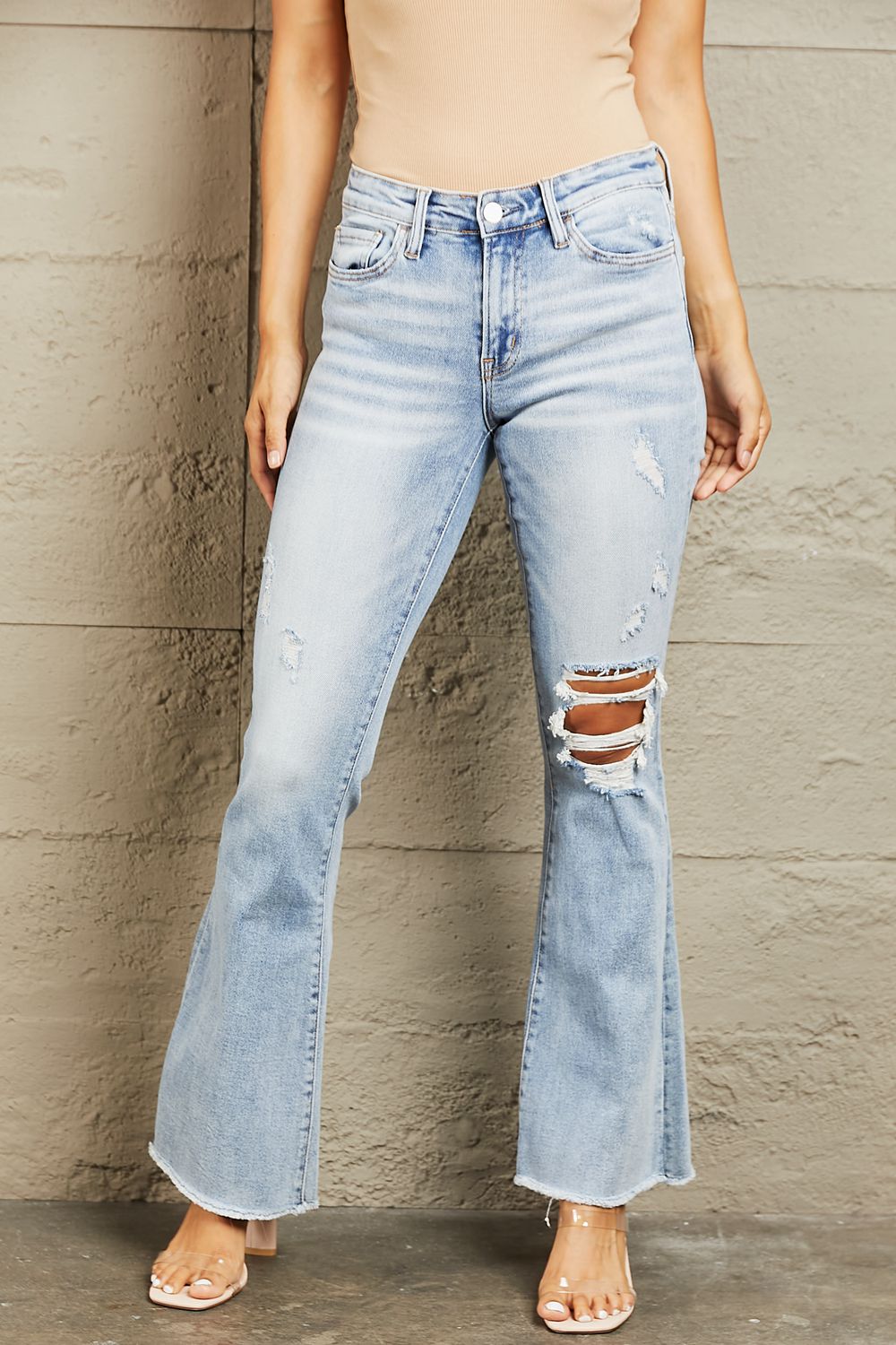 bayeas mid rise distressed flare jeans