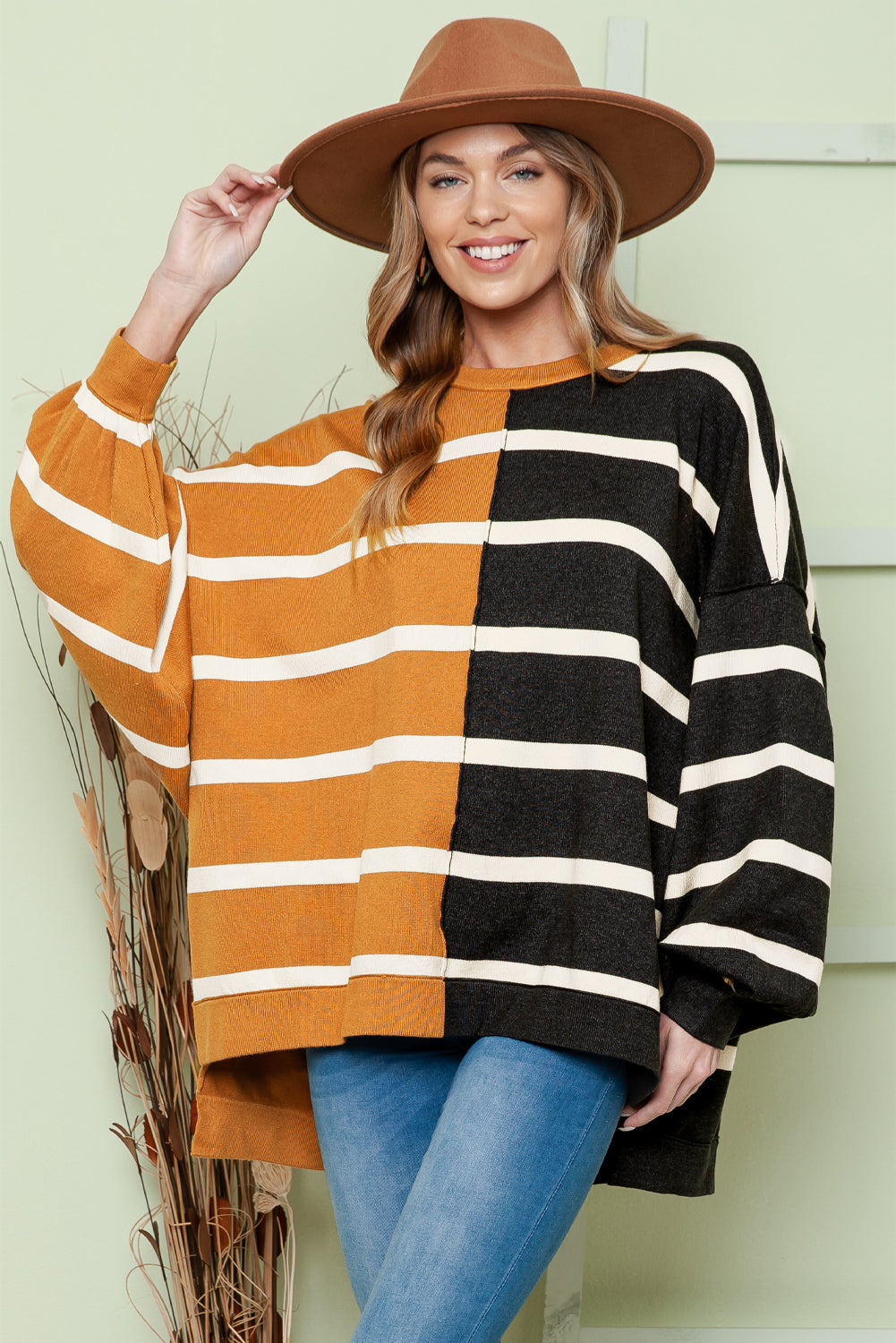 striped dropped shoulder round neck blouse