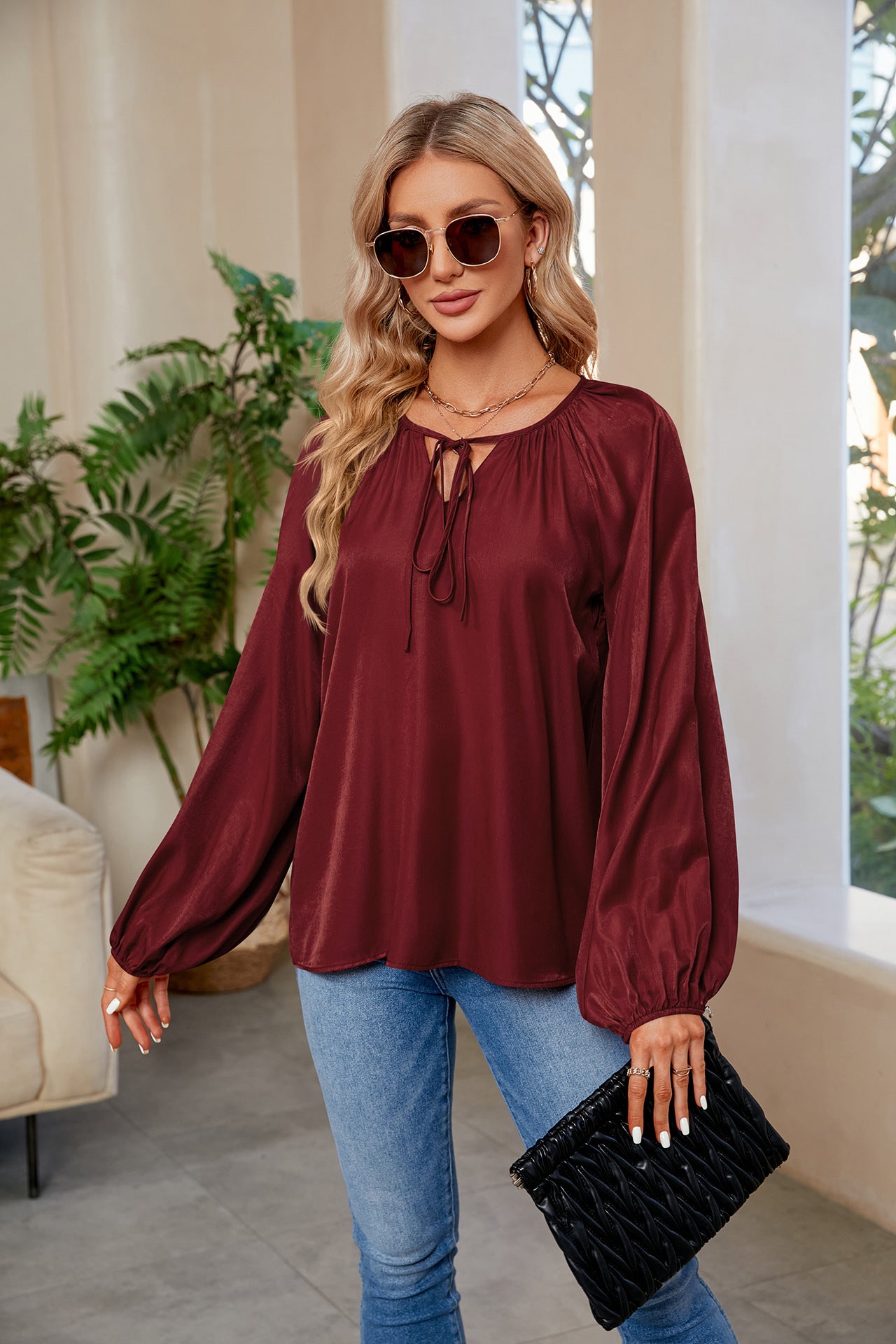 tie neck balloon sleeve blouse