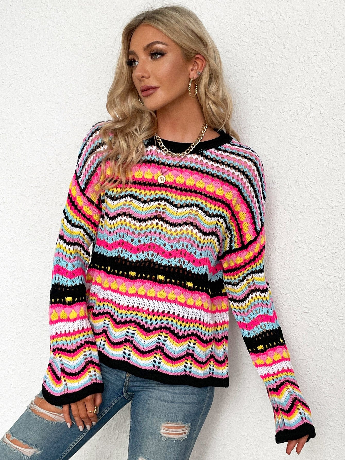 rainbow stripe openwork flare sleeve knit top