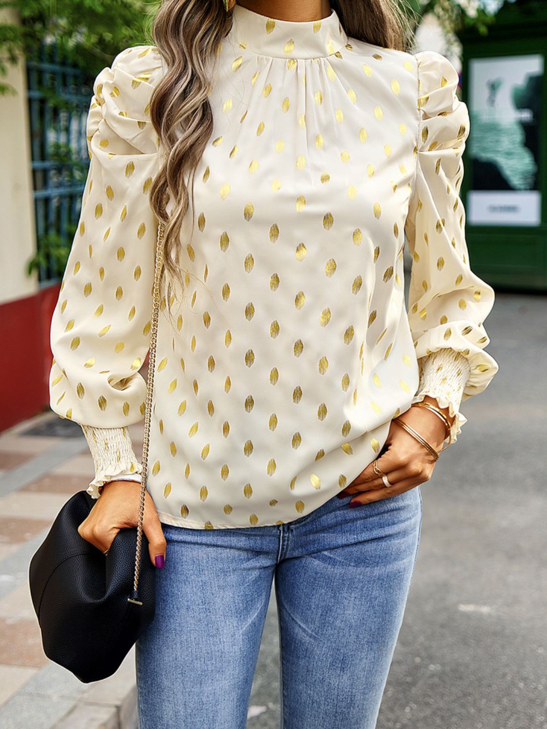 printed mock neck lantern sleeve blouse