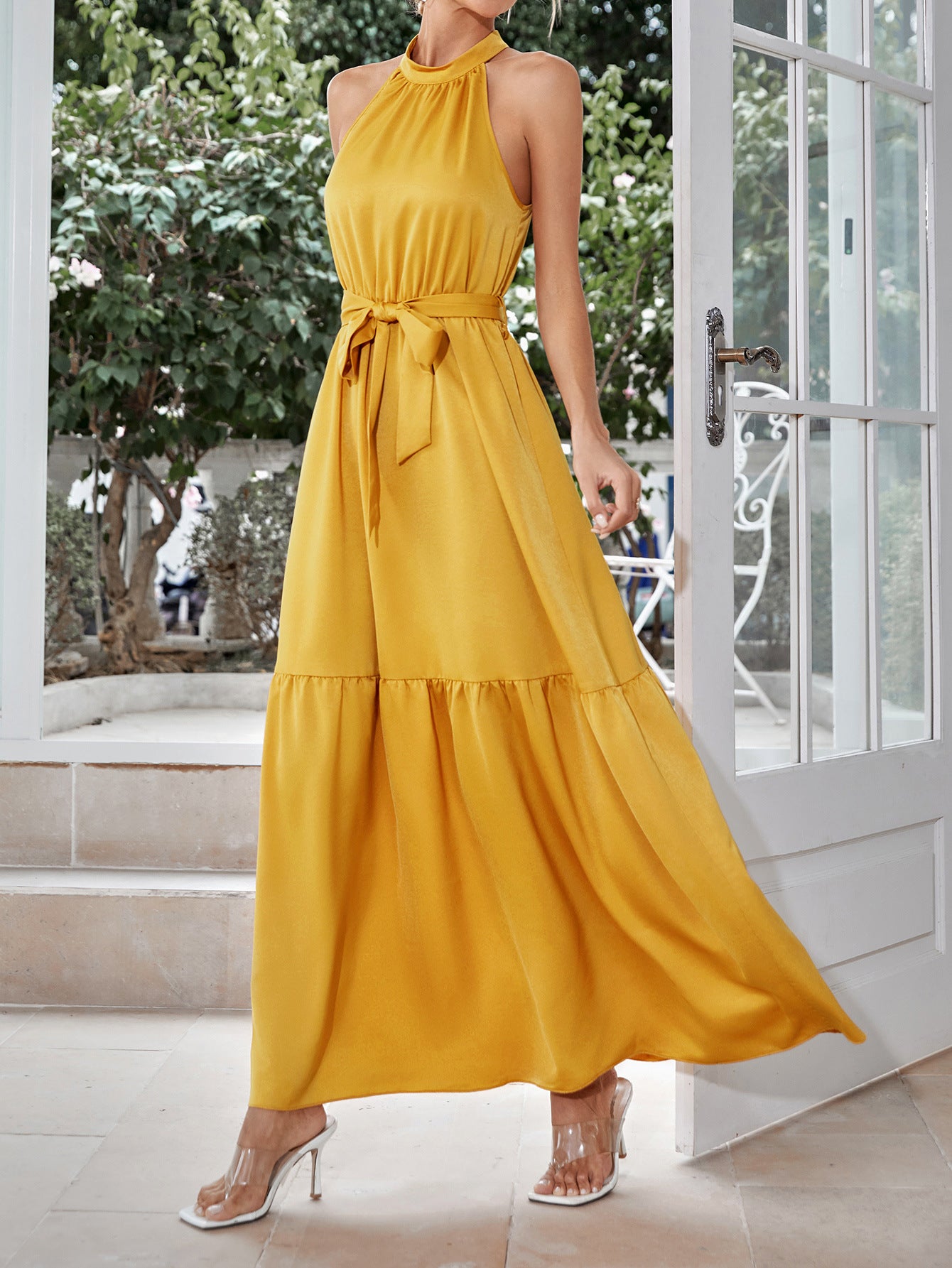 belted grecian neck tiered maxi dress