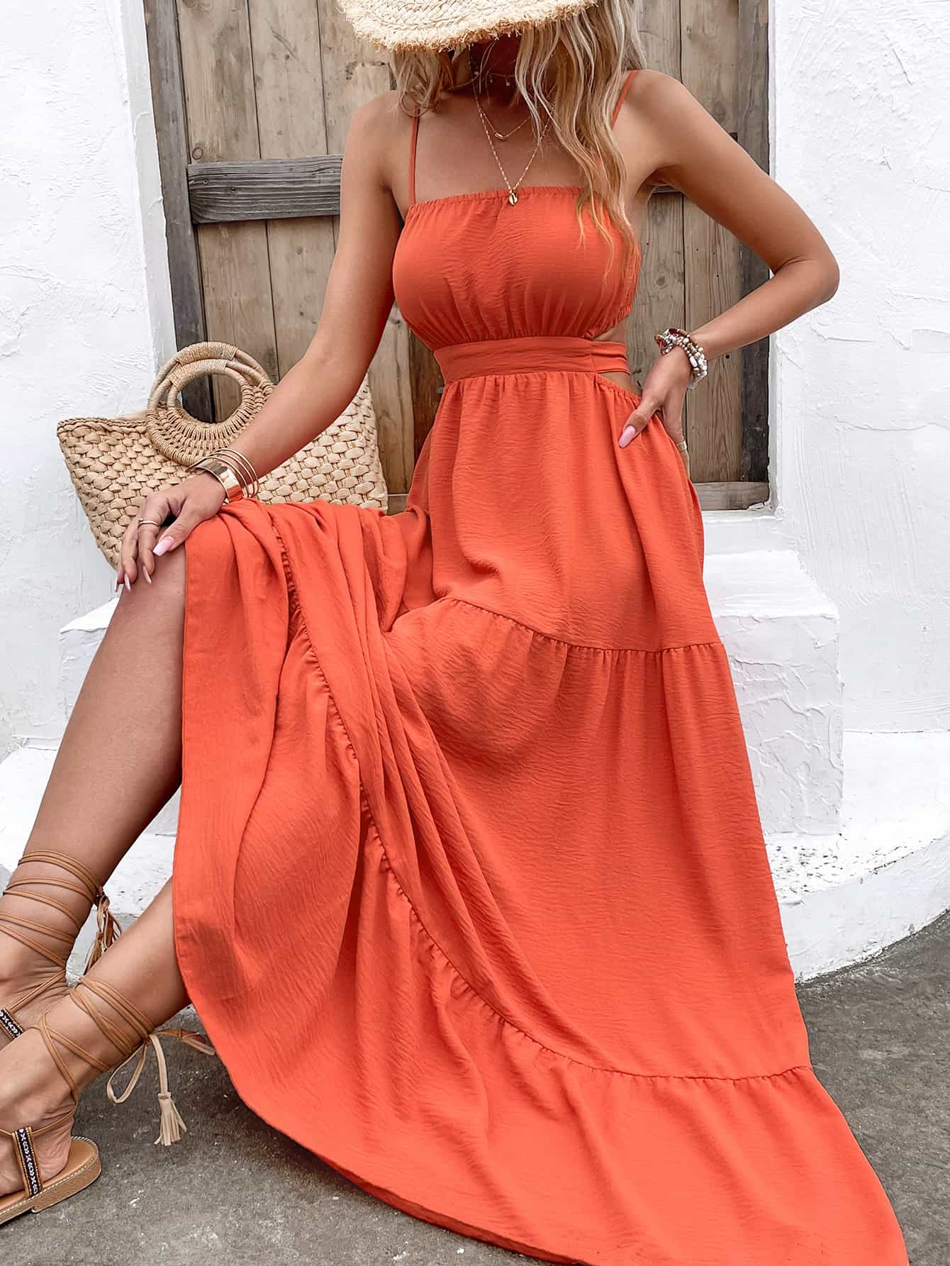 spaghetti strap cutout tie back maxi dress