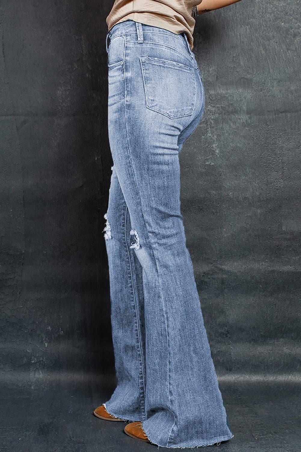 distressed raw hem flare jeans