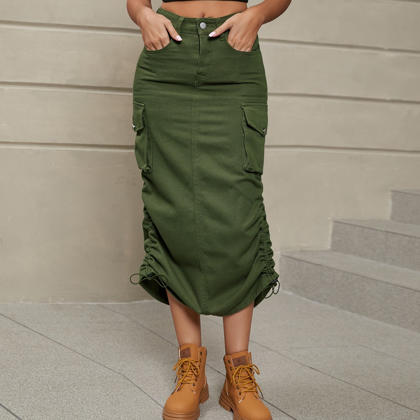 drawstring ruched slit denim midi skirt