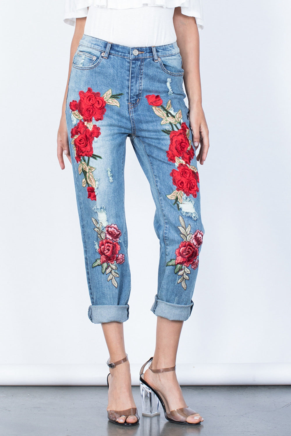 full size flower embroidery button fly jeans