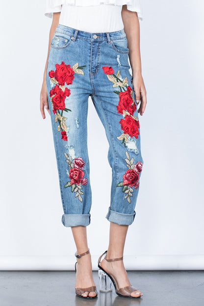 Full Size Flower Embroidery Button Fly Jeans