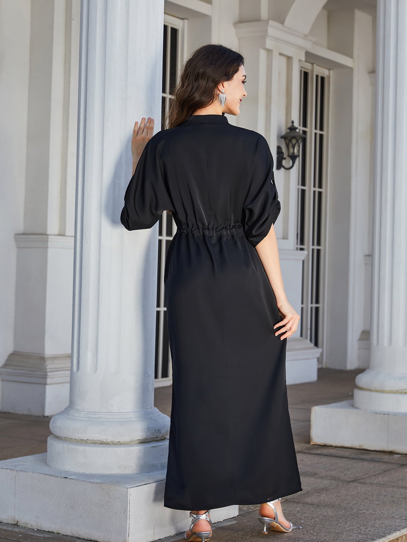 high slit roll-tab sleeve notched neck maxi dress