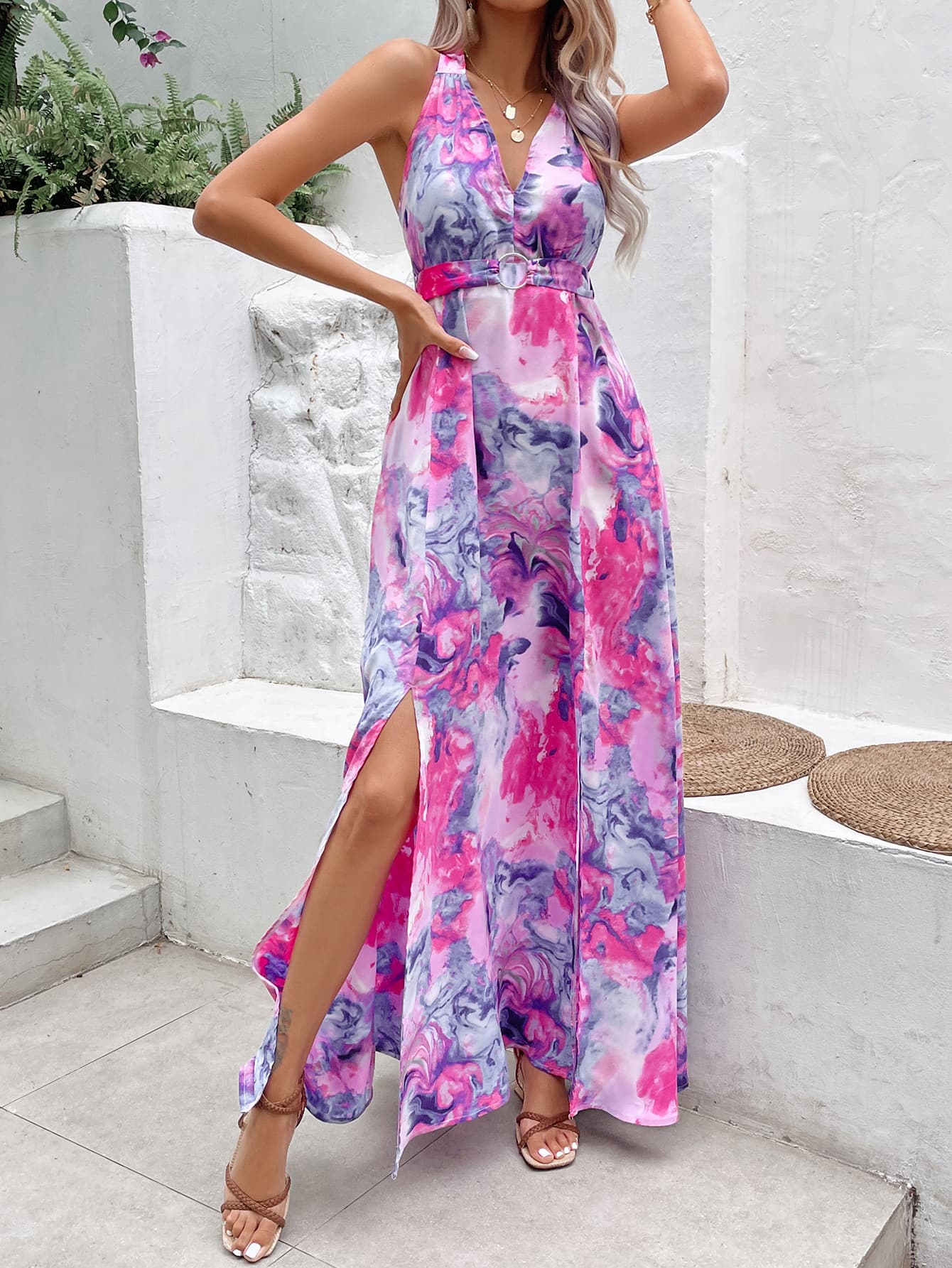 printed open back slit sleeveless dress