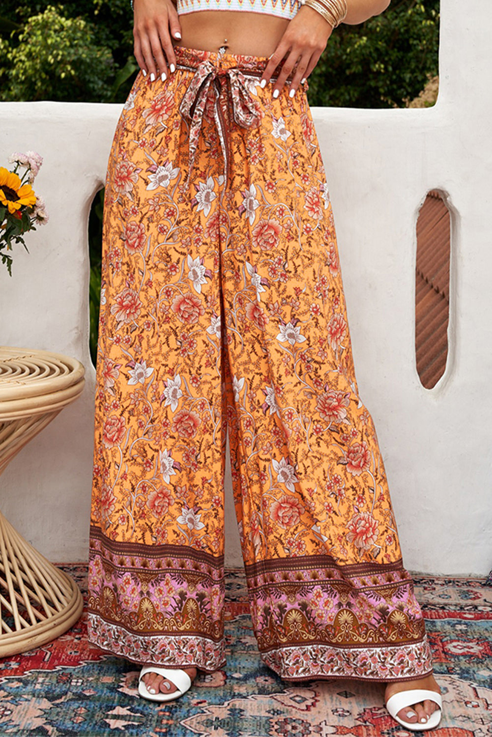 bohemian tie waist palazzo pants