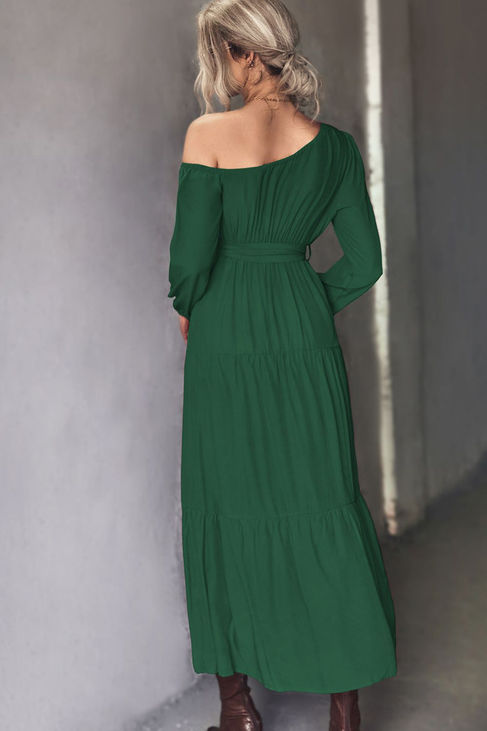 belted one-shoulder tiered maxi dress