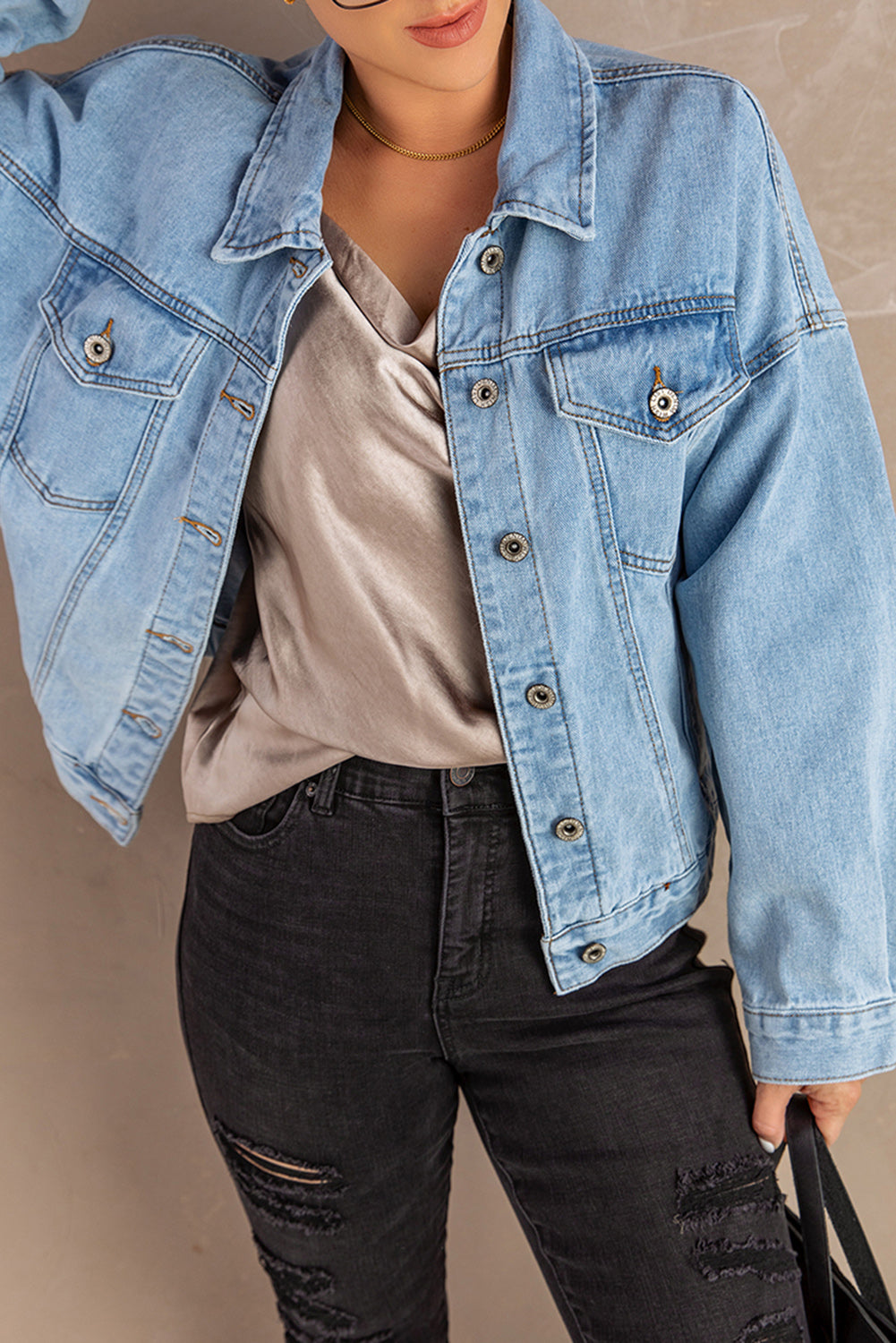 button down dropped shoulder denim jacket