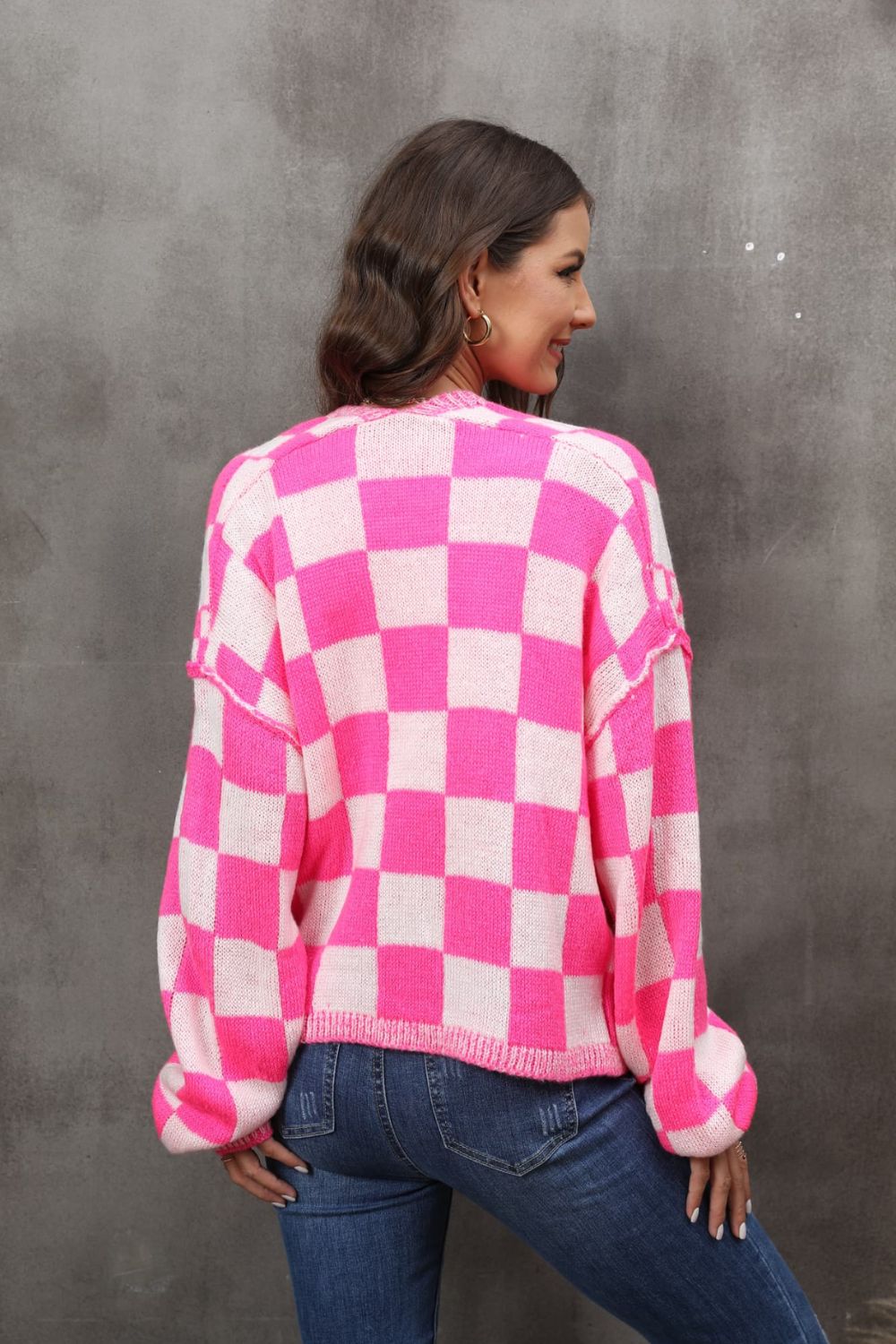 checkered open front drop shoulder cardigan