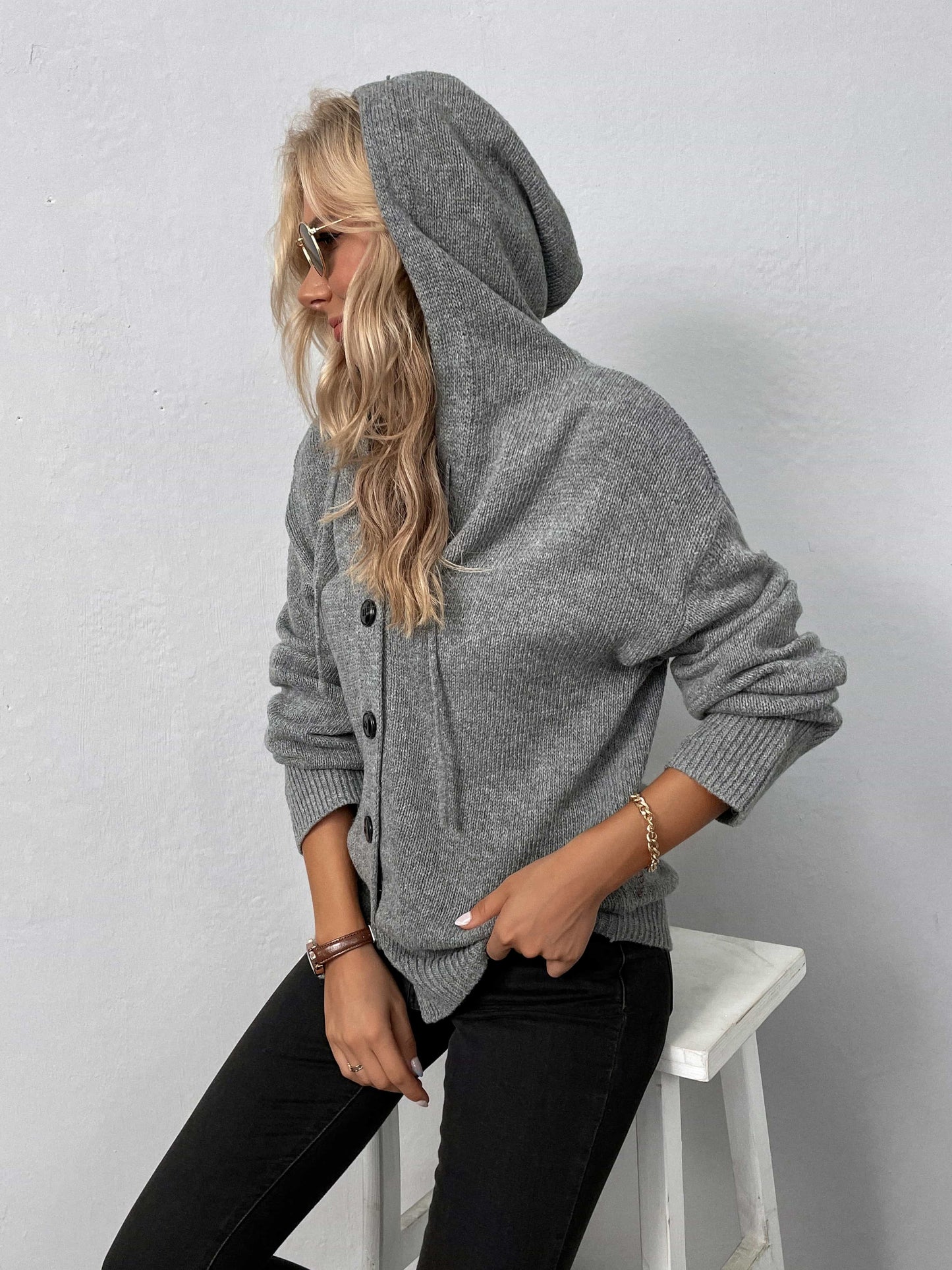 button-down long sleeve hooded sweater