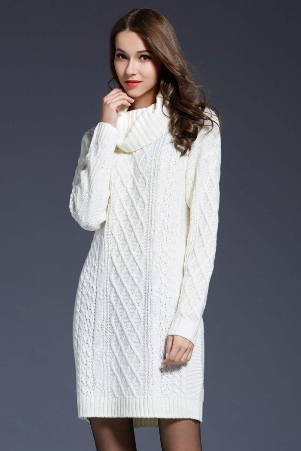 woven right full size mixed knit cowl neck dropped shoulder sweater dress