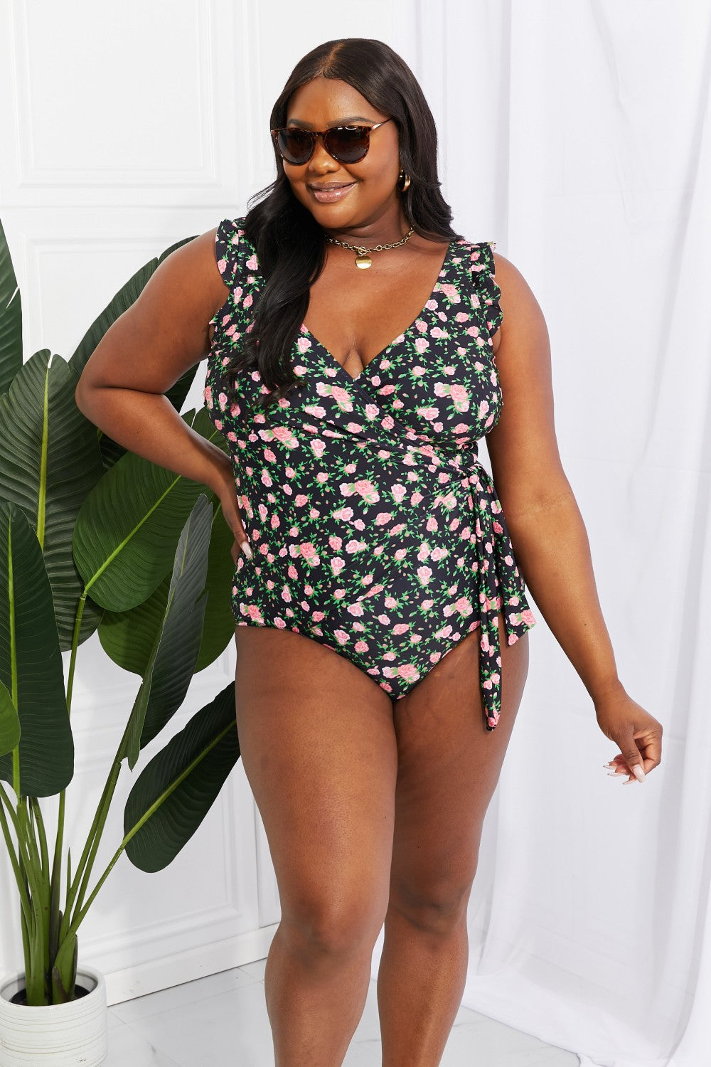 marina west swim full size float on ruffle faux wrap one-piece in floral