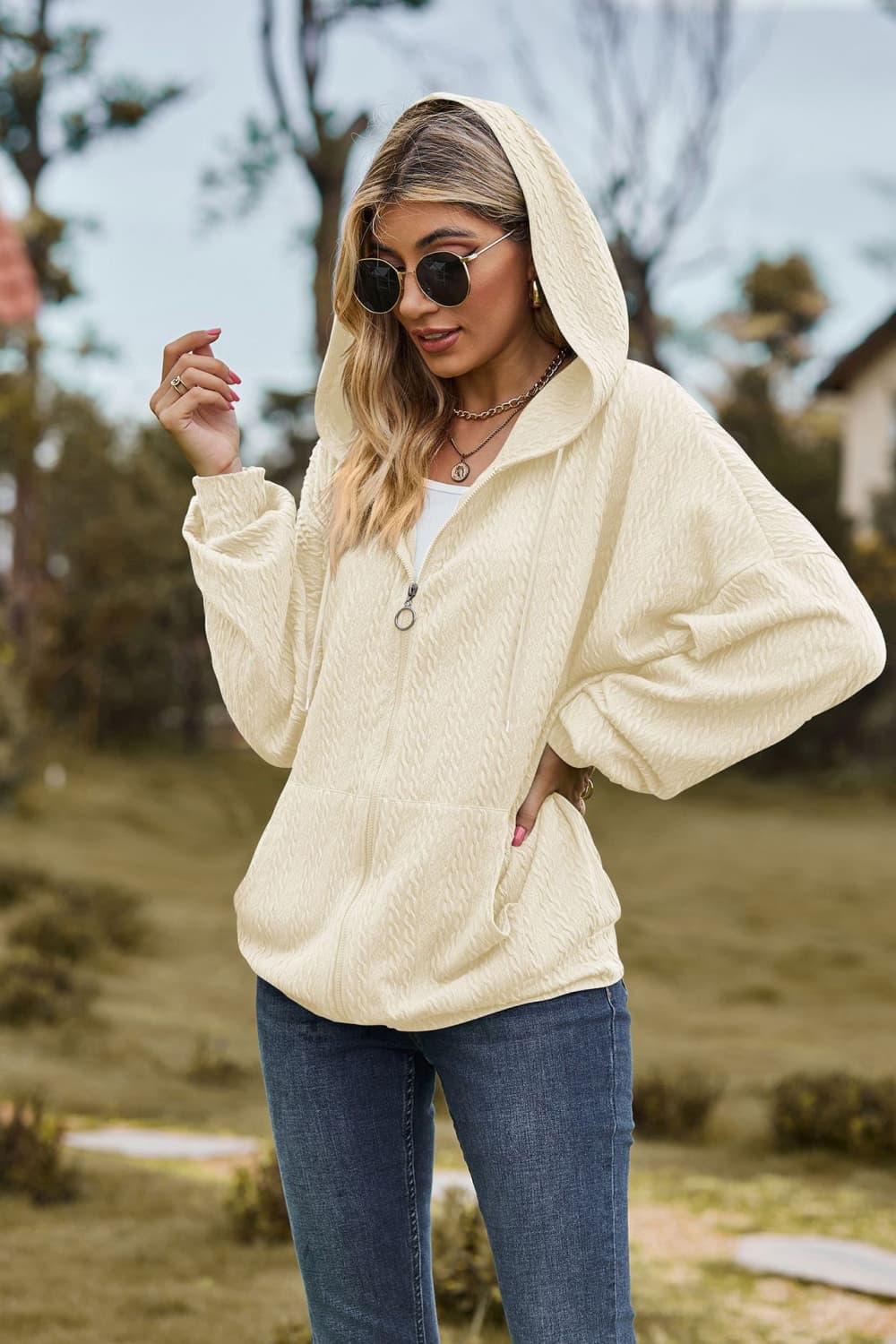 cable-knit long sleeve hooded jacket