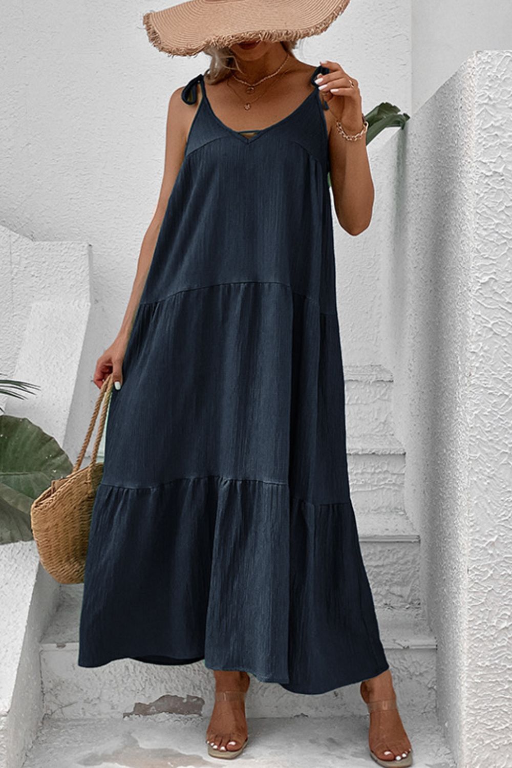 tie-shoulder tiered maxi dress