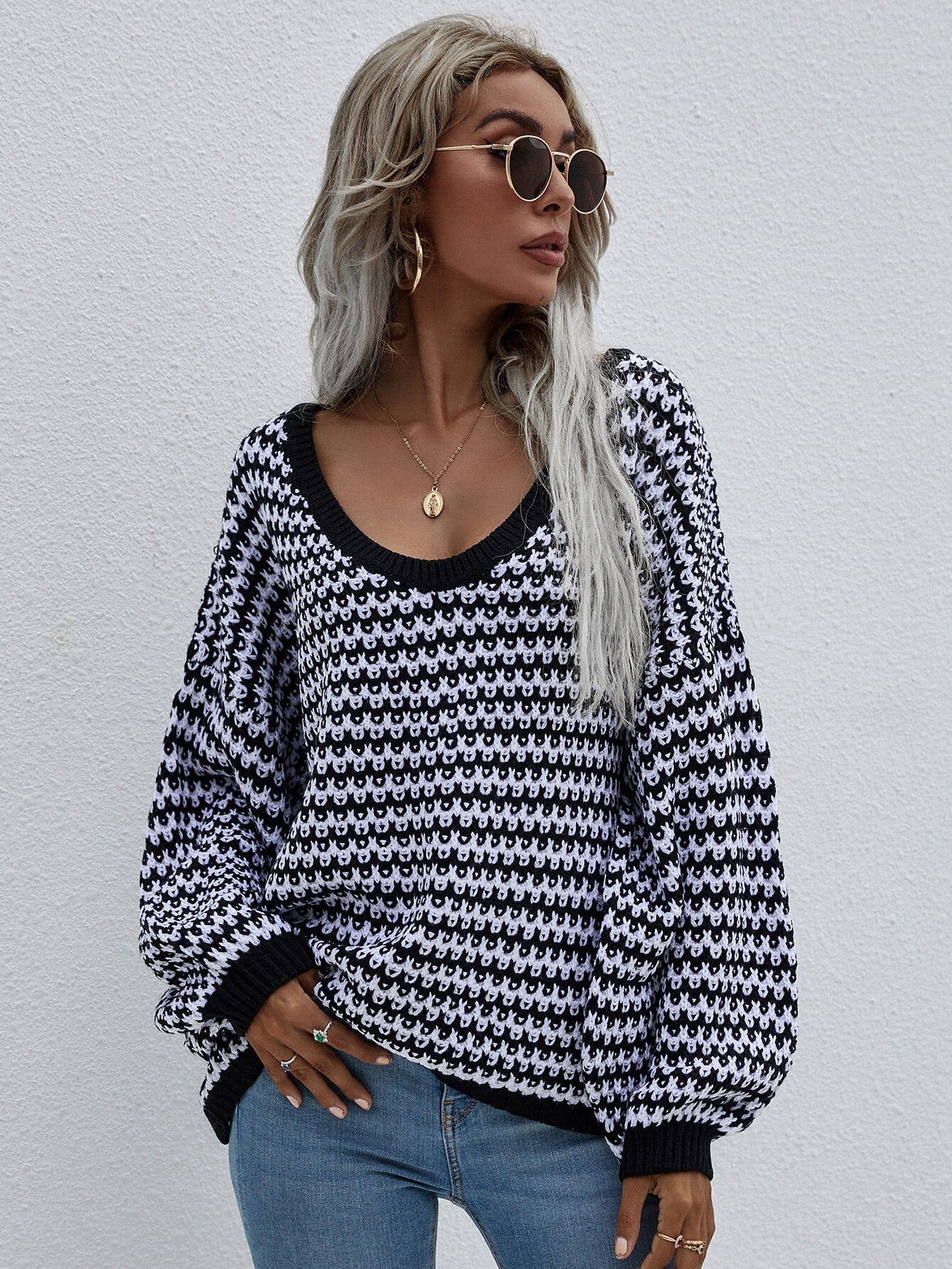 striped drop shoulder v-neck pullover sweater