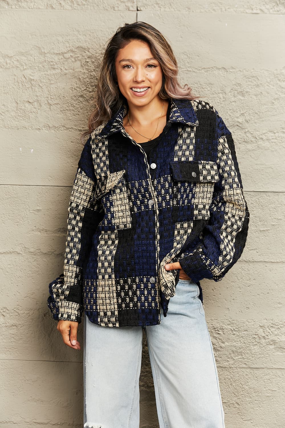 plaid collared neck drop shoulder jacket