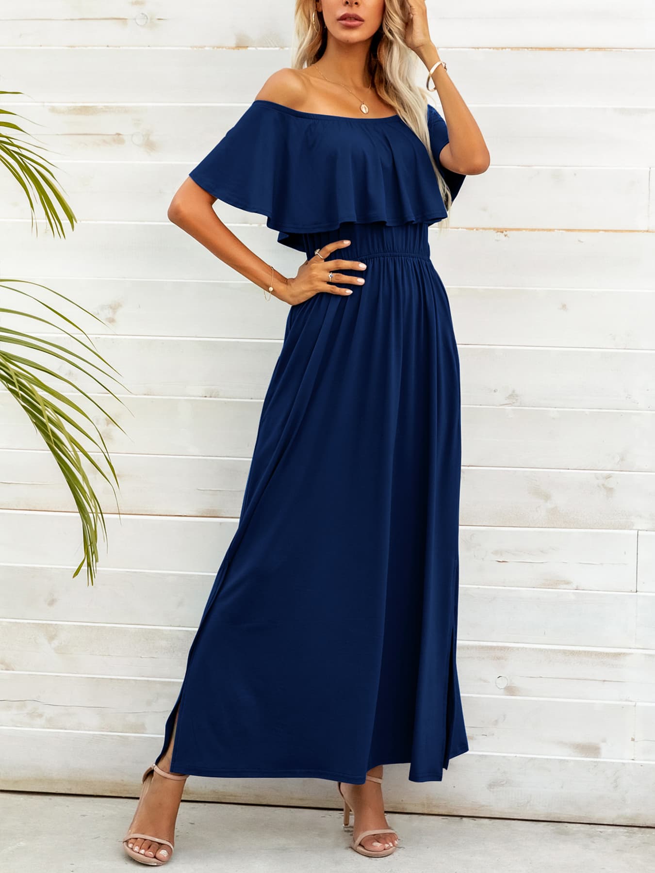 off-shoulder slit maxi dress