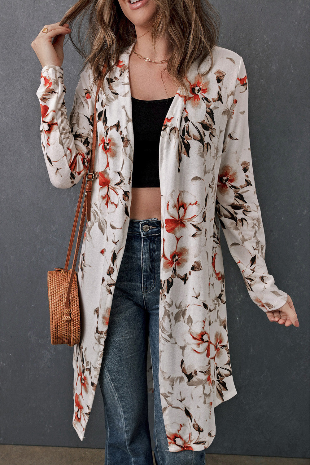 double take printed open front longline cardigan