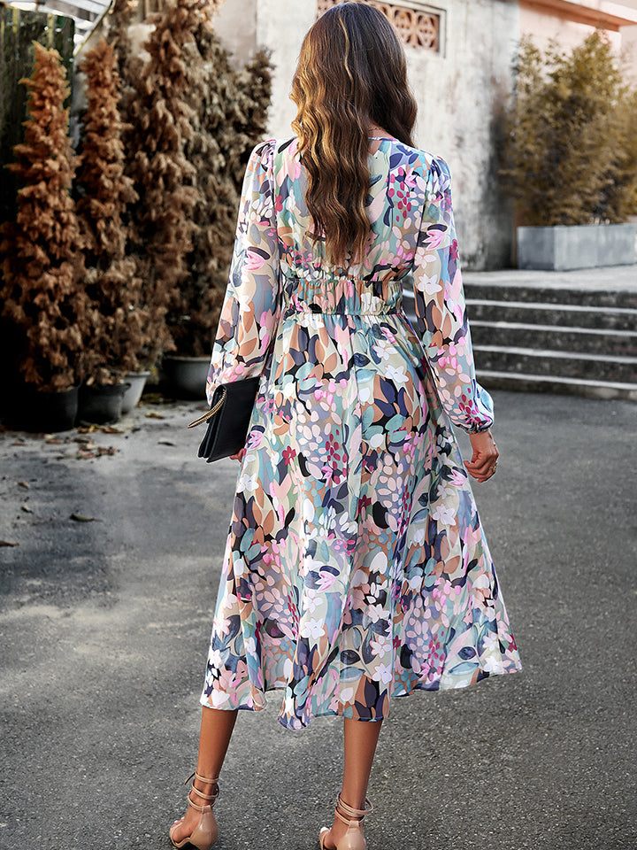 printed v-neck long sleeve midi dress